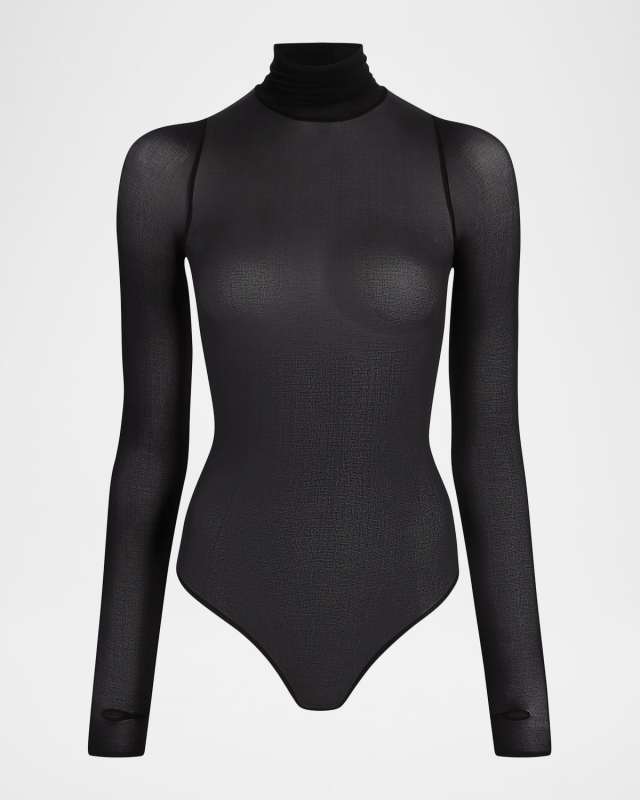 Ballet Mock-Neck Sheer Tulle Thong Bodysuit